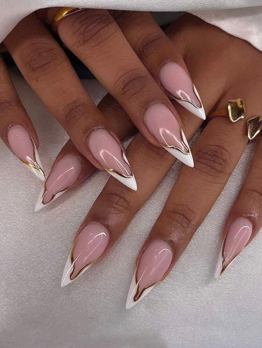 PRESS-ON NAILS STILETTO – FRENCH TIP GOLD DESIGN