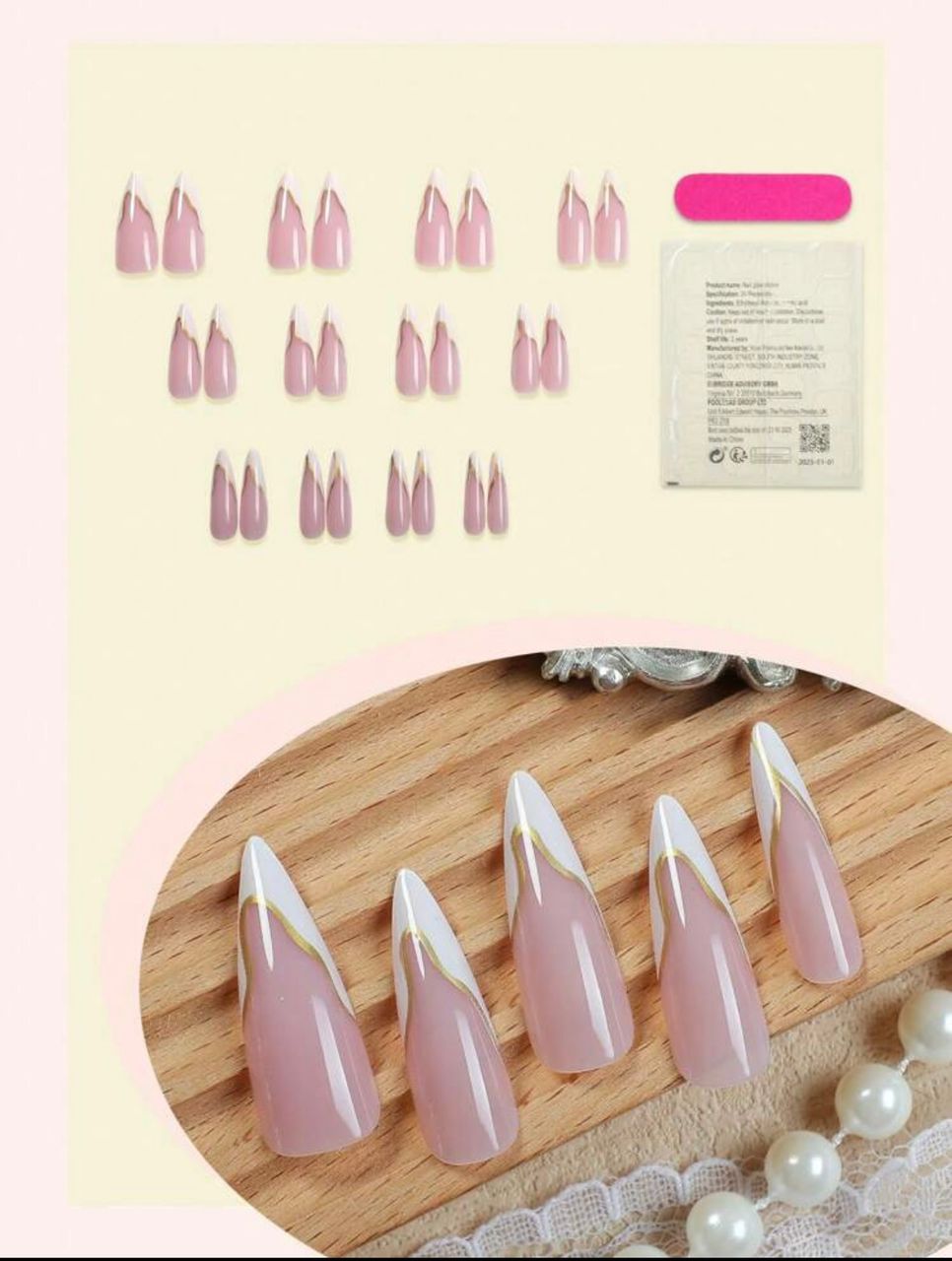 PRESS-ON NAILS STILETTO – FRENCH TIP GOLD DESIGN