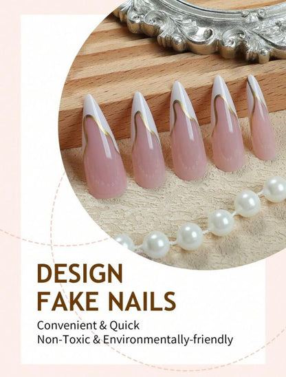 PRESS-ON NAILS STILETTO – FRENCH TIP GOLD DESIGN