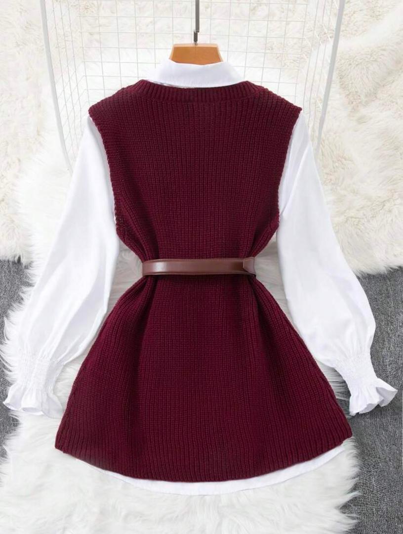 Robe Pull 2-en-1 – Pull Sans Manches + Chemise Blanche