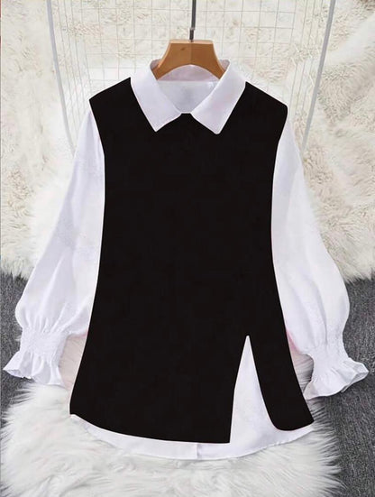 Robe Pull 2-en-1 – Pull Sans Manches + Chemise Blanche