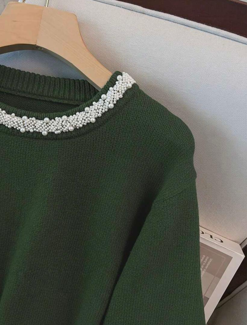 Pull Vert Élégant à Perles