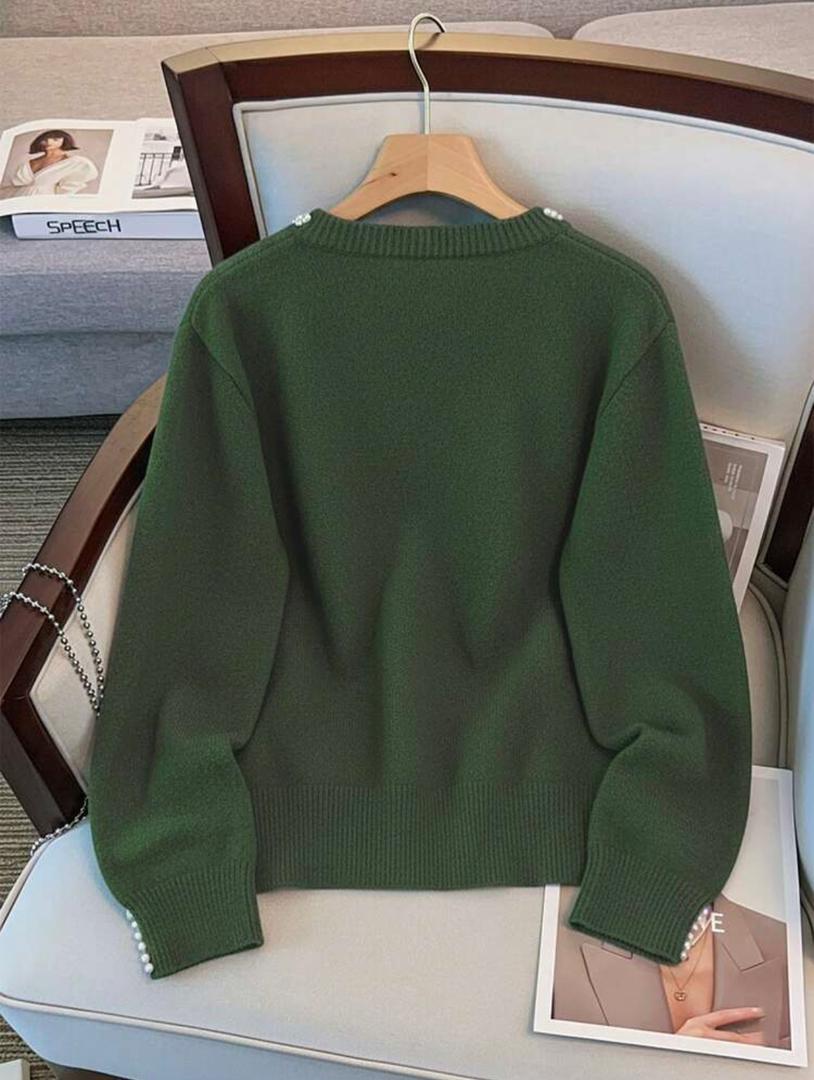Pull Vert Élégant à Perles