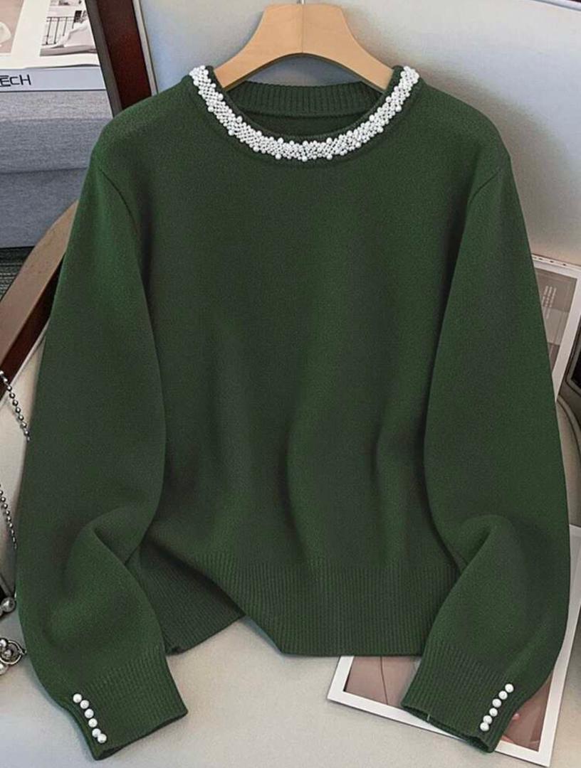 Pull Vert Élégant à Perles