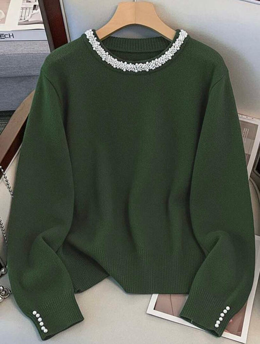 Pull Vert Élégant à Perles